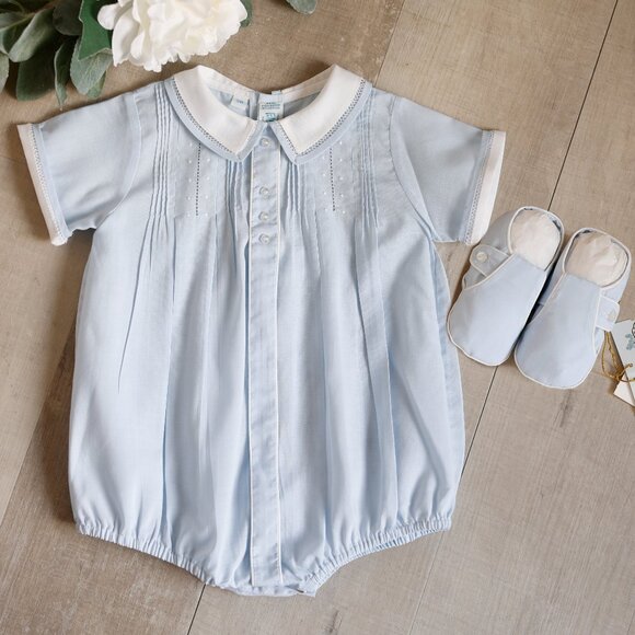 Blue Button Front Dot Creeper Romper and Shoe Set Feltman Brothers 6 Months NWT - Picture 1 of 7